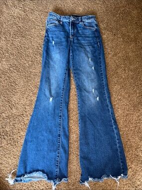 Distressed High-Rise Wide-Leg Jeans — Dark Blue